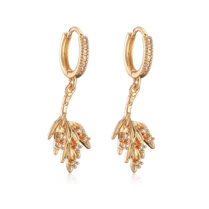 Elegant 18K gold plated leaf drop earrings featuring white cubic zirconia accents