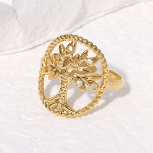 Gold plated stainless steel Tree of Life open ring with intricate cutout and rope border