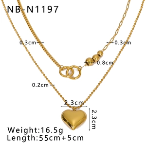 Double-layer 18K gold necklace with heart pendant and interlocking rings dimensions