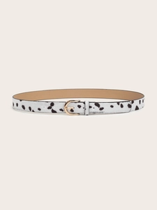 Detail showing cow print faux pony hair texture and gold pin buckle on slim leather belt