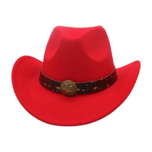 Classic red felt western cowboy hat featuring a leather band with a vintage metal star badge