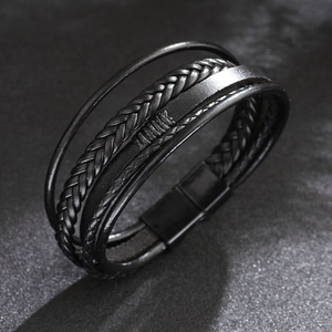 Men's multi-layer black leather woven bracelet with magnetic metal clasp closure