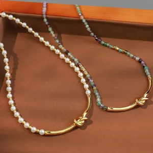 Bohemian Beaded Necklace For Women With Natural Stone Glass Beads Imitation Artificial Pearl 18K Gold Plated Copper Knot Decor