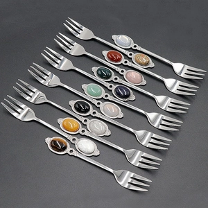 Set of 12 stainless steel fruit forks with colorful crystal agate gemstone handles