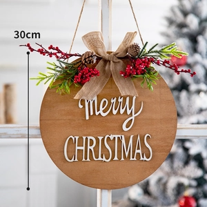 30cm wooden Merry Christmas door sign with burlap bow, pine cones and red berries decor