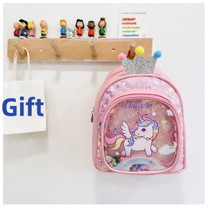 Close-up of pink unicorn backpack with glitter sequins, crown detail and soft fur balls