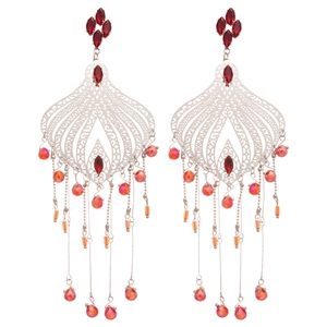 Vintage silver hollow long tassel earrings with red crystals in ethnic palace style