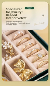 Macro detail of jewelry box with beige beaded velvet lining and gold ring slots