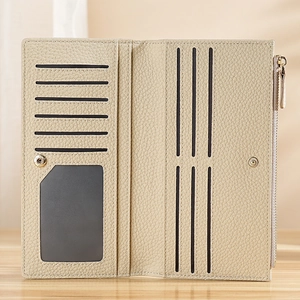 Beige long wallet in litchi grain PU leather with multi-card slots and zipper pocket