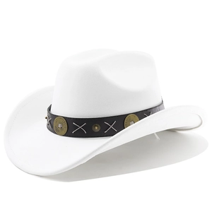 Detailed shot of white cowboy hat featuring leather band with vintage metal ornaments