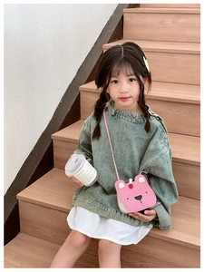 Pink bear crossbody bag for kids with strawberry decor and adjustable strap detail