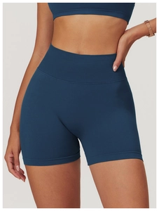 Close-up of high-waist seamless yoga shorts featuring supportive ribbed compression fabric