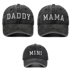 Retro washed denim baseball caps with Daddy, Mama, and Mini white embroidery text