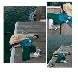 Detailed collage of cozy wool knitted gloves, scarf, and blanket in various soft colors