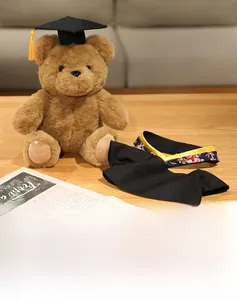 Detail view of the brown graduation teddy bear with removable academic gown and cap