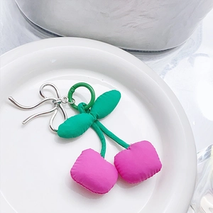 Handmade fabric pink cherry keychain charm with green leaves and silver bow hook accessory