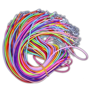 Close-up of colorful waxed cord necklaces with silver lobster clasps and extension chains