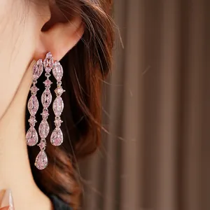Silver needle drop tassel earrings featuring pink marquise cut zirconia for women
