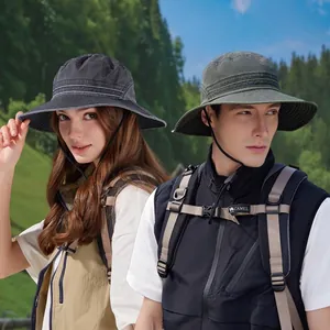 Chapeau Soleil Extérieur Bord Large Respirant Polyester Bob Avec Corde Pour Randonnée Pêche Rétro