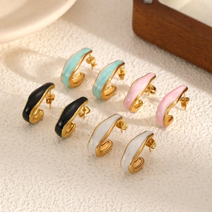 Mode Bunte Emaille C Form Ohrringe Für Damen 18K Vergoldet Edelstahl Geometrische Wassertropfen Ohrstecker