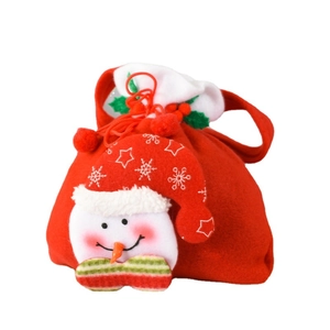 Red Christmas drawstring gift bag with a 3D snowman face and festive star patterns