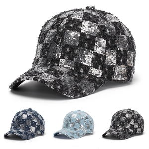 Sequin Checkerboard Baseball Cap Denim Distressed Plaid Sun Protection Outdoor Fashion Hat For Women