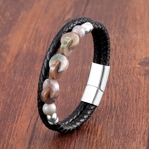 Double-layered black braided leather bracelet with natural stone beads and magnetic clasp