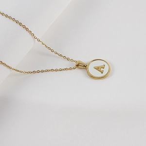18K gold plated stainless steel necklace with round white shell A-letter pendant