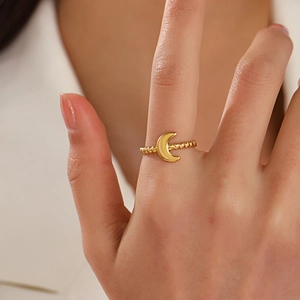 18K gold plated stainless steel crescent moon ring with minimalist beaded band design
