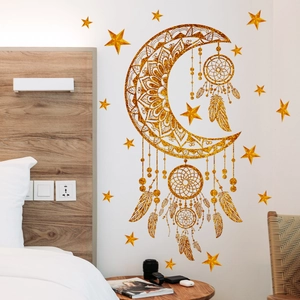 Golden glitter moon and dreamcatcher wall decals with stars for home bedroom decor
