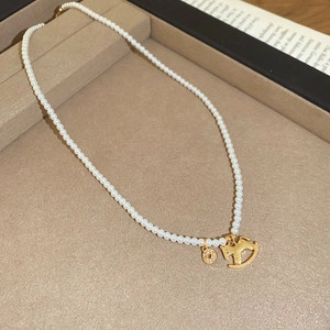 Detail of white pearl necklace with gold pony pendant and zircon charm in a jewelry box