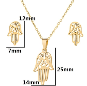 Golden Hamsa Hand jewelry set with necklace and earrings showing dimensions