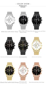 Grid view of nine men's business quartz watches with stainless steel mesh bands and calendar