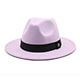 Close-up of lavender wool fedora hat with black grosgrain ribbon and metallic logo detail