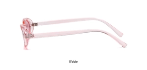 Detailed side view of trendy pink transparent oval sunglasses with metallic hinge