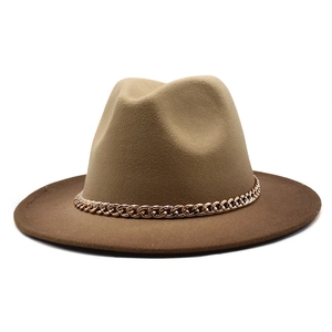 Two-tone wool fedora hat with gold chain link trim and flat brim for men and women