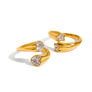 Gold plated open rings for women featuring heart and star cubic zirconia crystals