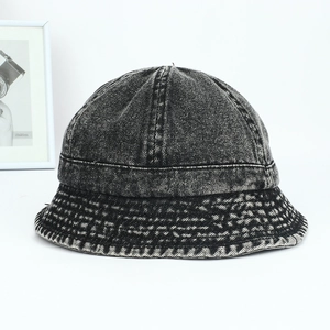 Vintage dark gray washed denim bucket hat with durable multi-line stitching detail