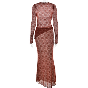 Red-brown lace two-piece set featuring long-sleeve high-neck top and slim maxi skirt