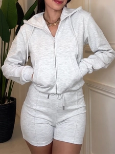 Women's casual grey marl two-piece lounge set with drawstring hoodie and comfy shorts