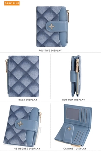 Detailed interior of dark blue PU leather wallet with card slots and metal buckle