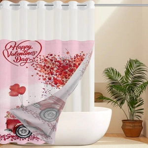 Waterproof waffle shower curtain with Valentine's Day red car and heart balloon design