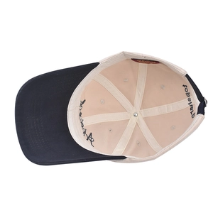 Detailed interior of a beige baseball cap showing blue brim, stitching, and embroidery