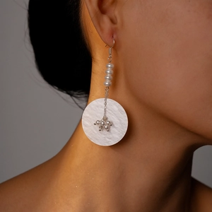 Boucles D'oreilles Pendantes Longues Avec Imitation Künstliche Perles Et Disque Rond En Résine Texture Coquillage Pour Femmes