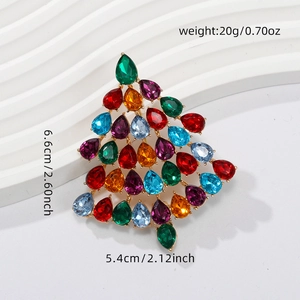 Detailed size chart of Christmas tree brooch with colorful rhinestones on white background