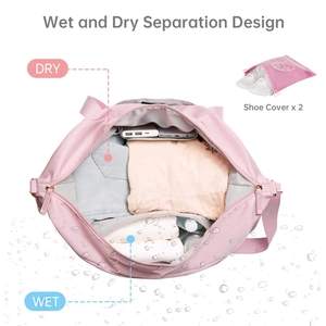 Close-up of pink gym bag interior with dedicated wet/dry separation compartments