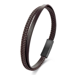 Men's minimalist brown leather bracelet with woven cord and black magnetic clasp