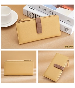 Detailed views of yellow lychee texture long wallet with side zipper and brown strap