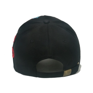 Back view of black cotton baseball cap with red embroidery and adjustable metal buckle