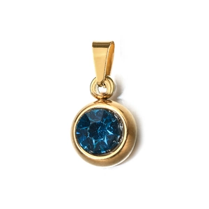 Detail of 6mm blue crystal birthstone pendant with gold plated bezel for DIY jewelry